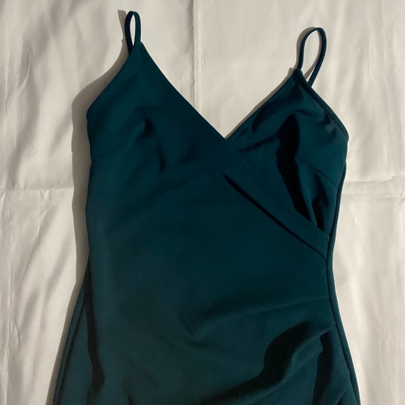 Verdusa Spaghetti Strap Dark Green Asymmetrical Faux Wrap Mini Dress - Picture 2 of 9